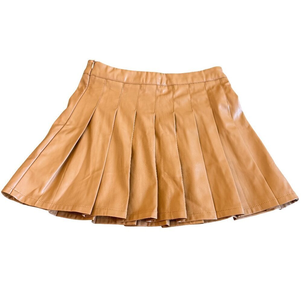 Mable Tan Pleated Faux Leather Skirt Vegan Mini Length Size Small Women's NWT